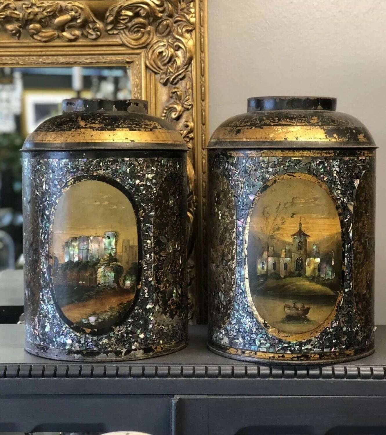A Pair Of Victorian Tole Cannisters With Mother Of Pearl Inlay