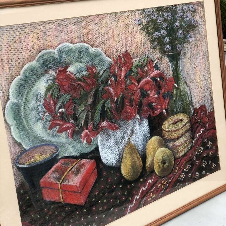 Vintage Still Life Pastel Painting Under Glass Rosemary Knowles.