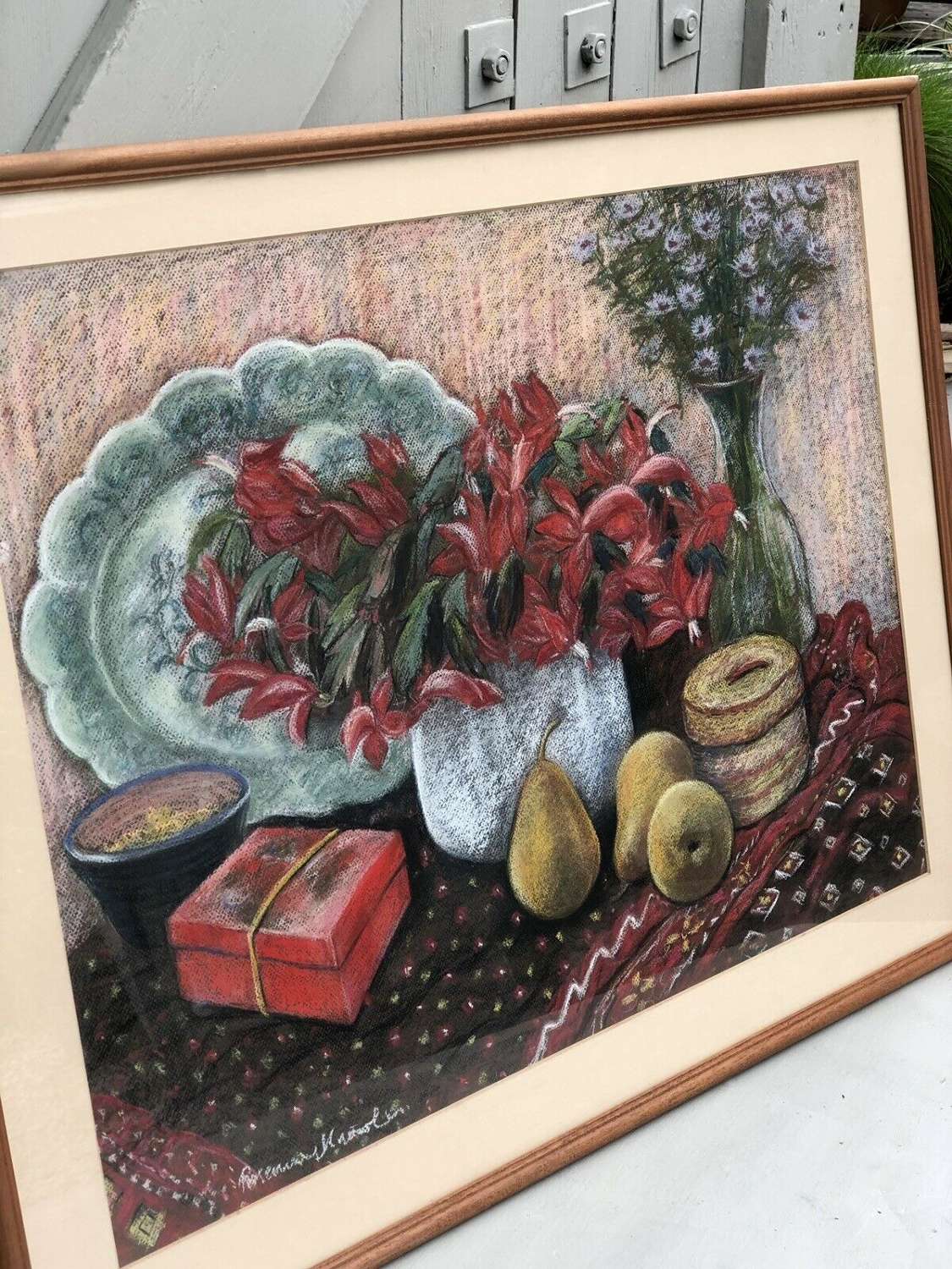 Vintage Still Life Pastel Painting Under Glass Rosemary Knowles.