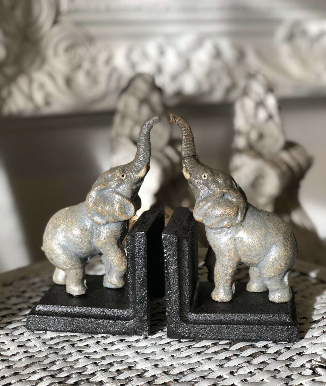 Elephant bookends in cast metal