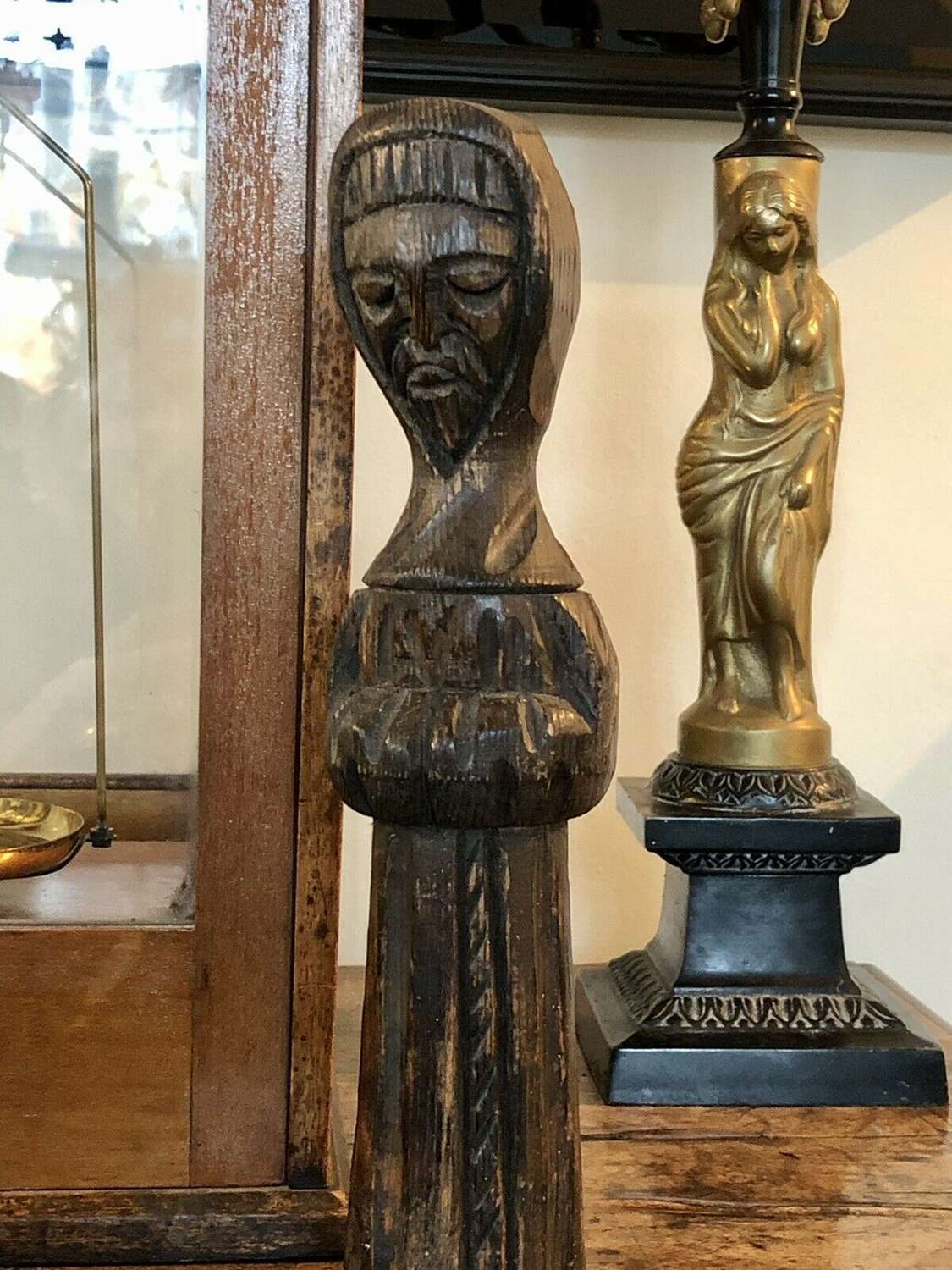 Antique Treen Carved Figure Of A Monk / Saint