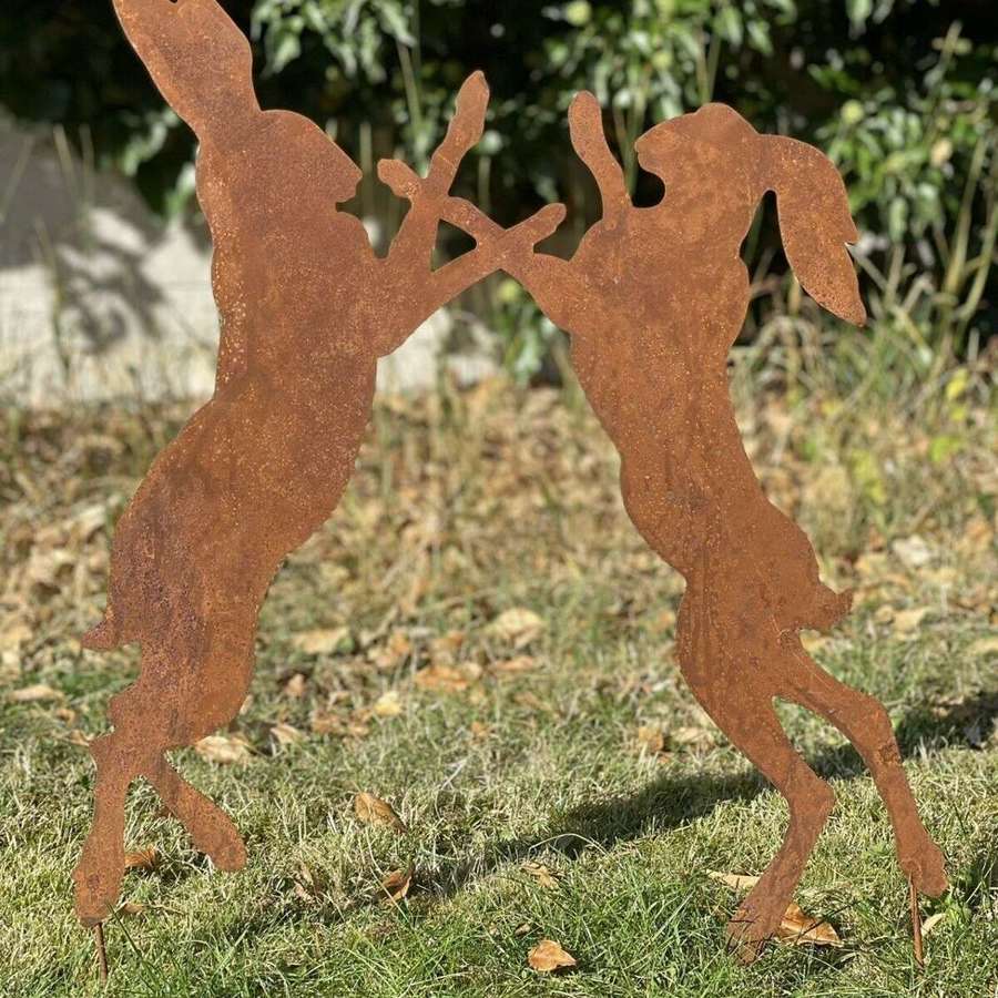 Rusty Metal boxing hares garden sculpture