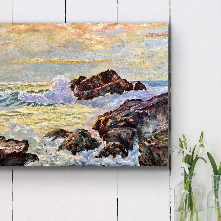 Oil painting on board waves on a rocky shore