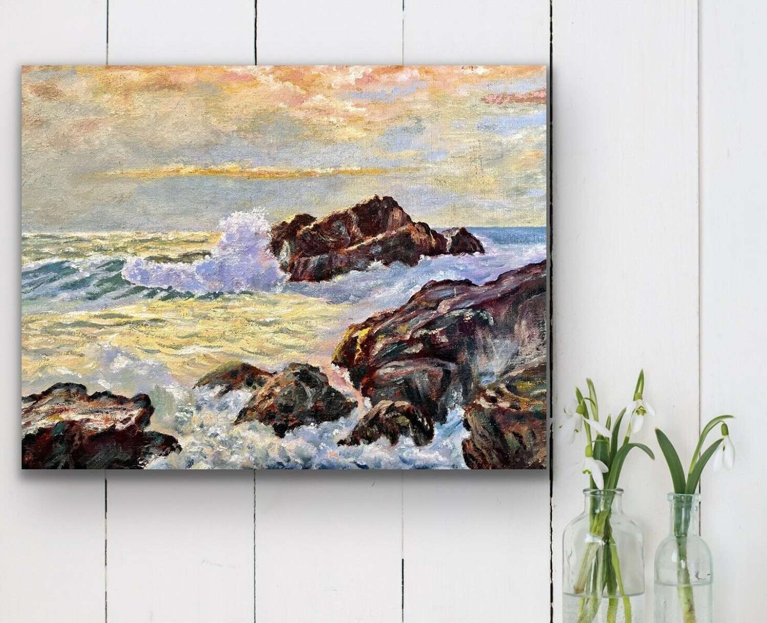 Oil painting on board waves on a rocky shore