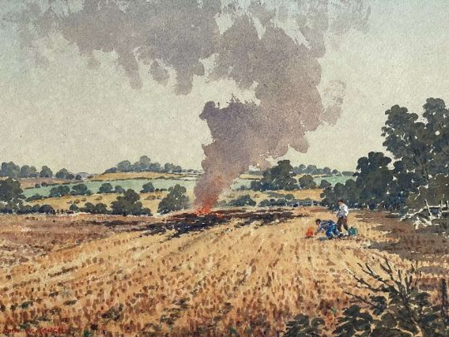 John W Gough watercolour painting Burning the stubble