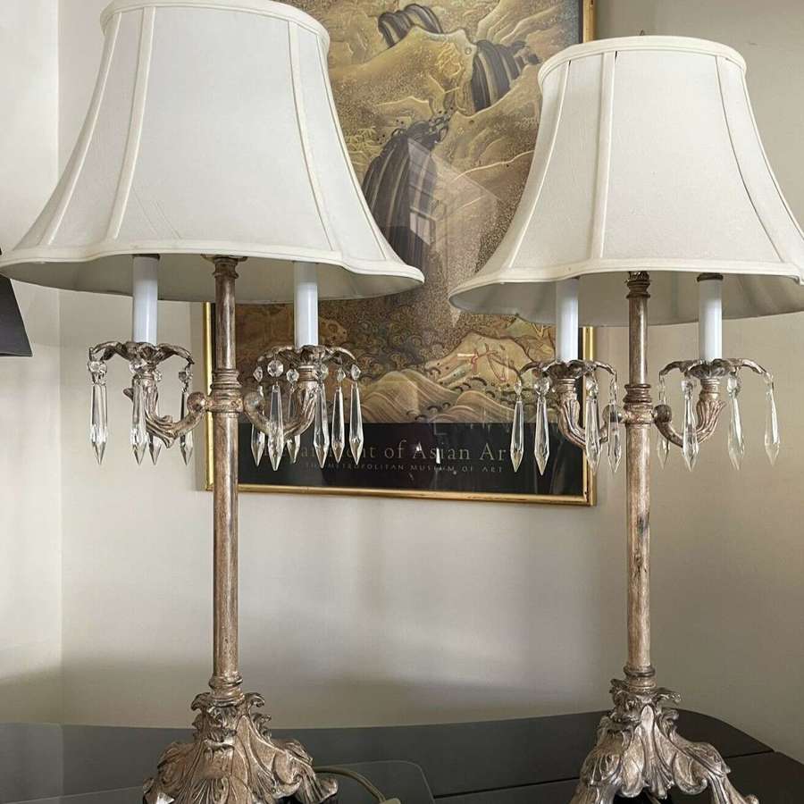 A pair of vintage crystal drop French style table lamps