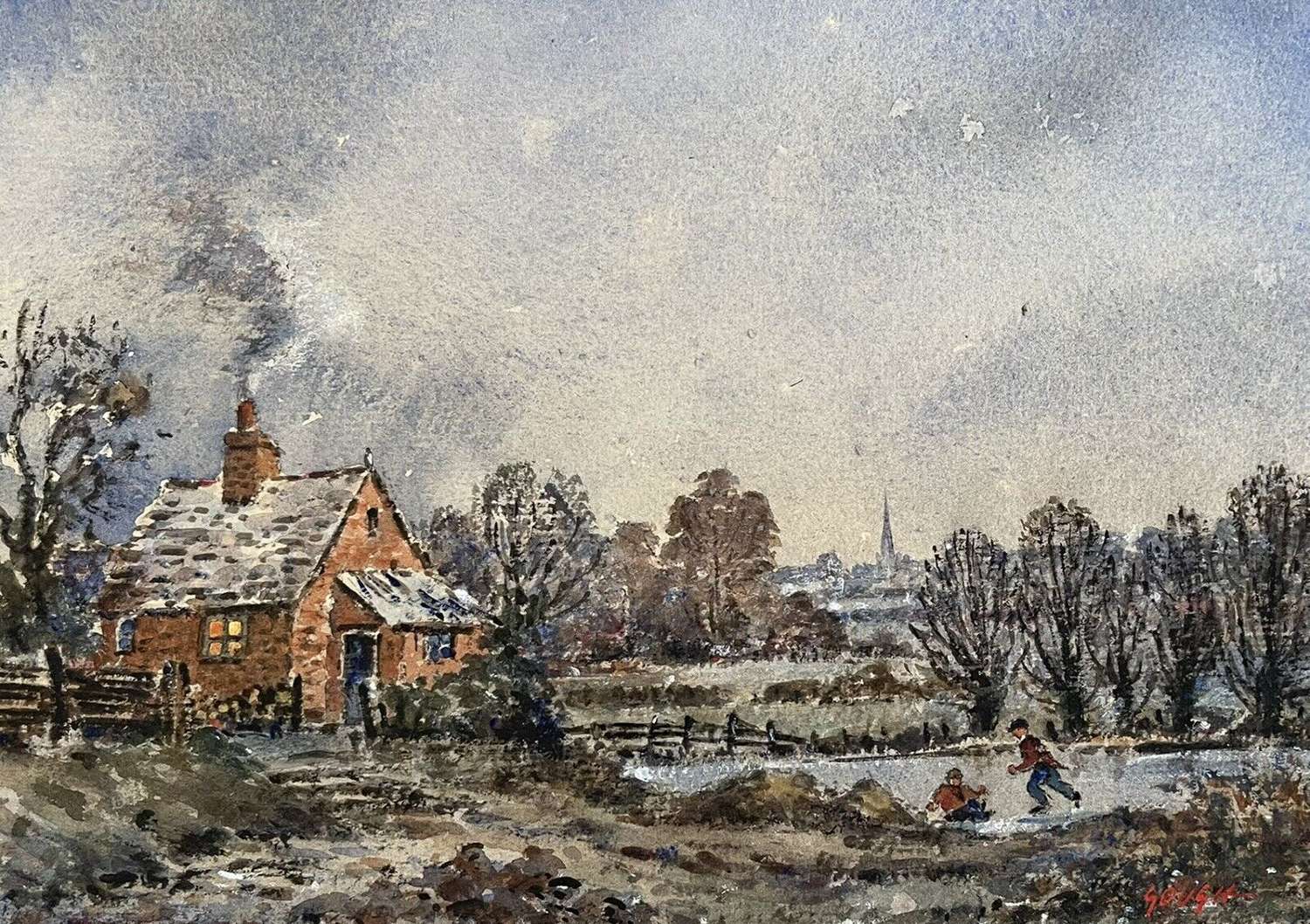 Original watercolour painting John Gogh A frosty morning in Monmouth