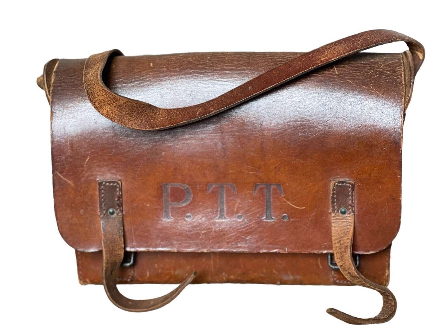 Antique Leather Messenger Bag, French Telegraph La Poste Postal PTT