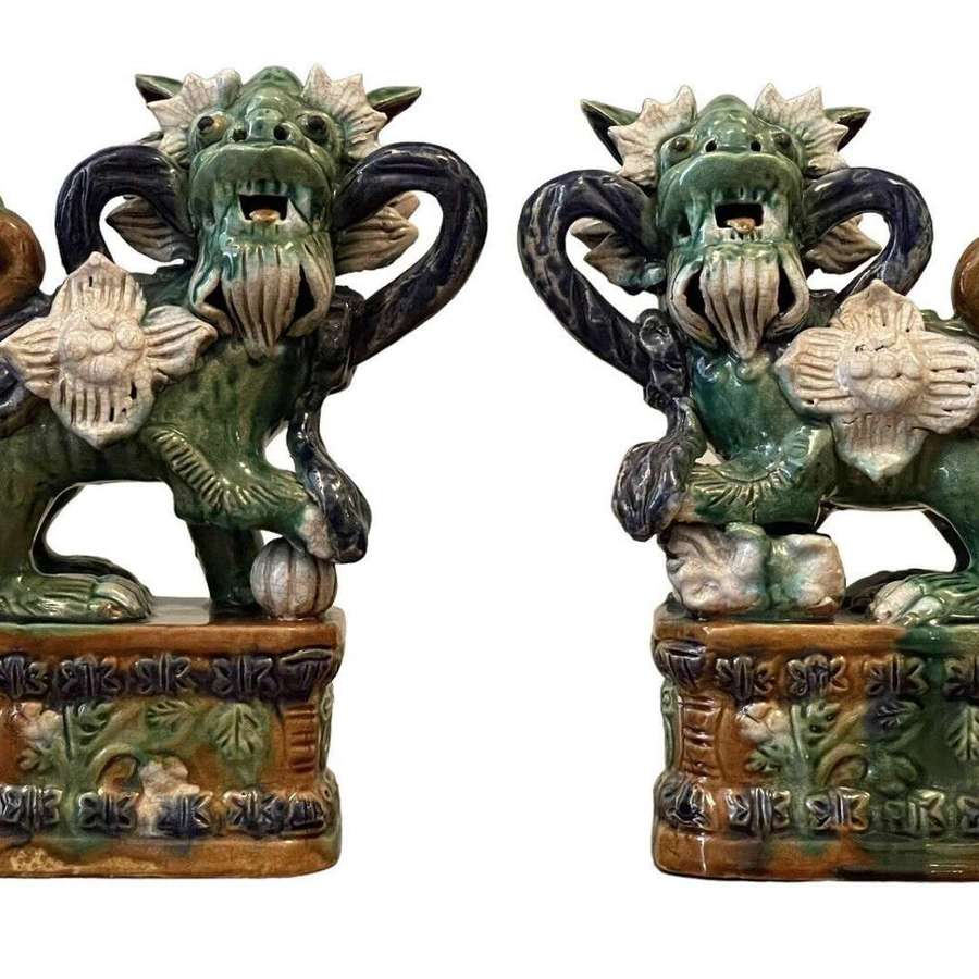 Vintage Pair of Chinese Ceramic Sancai Temple Lions Foo Dogs.