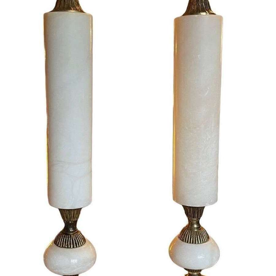 A pair of white marble and brass mid 20th Century table lamps