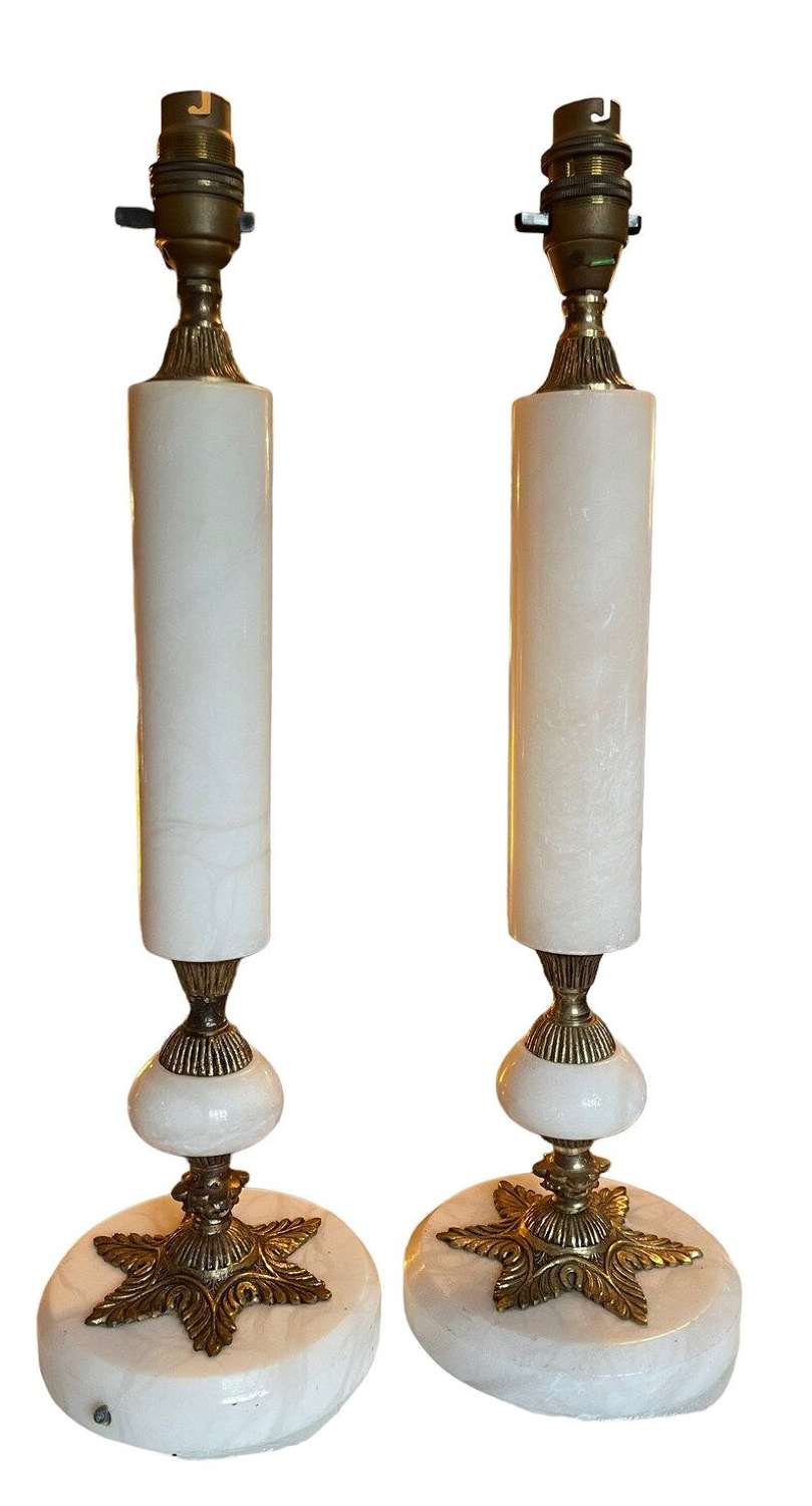 A pair of white marble and brass mid 20th Century table lamps