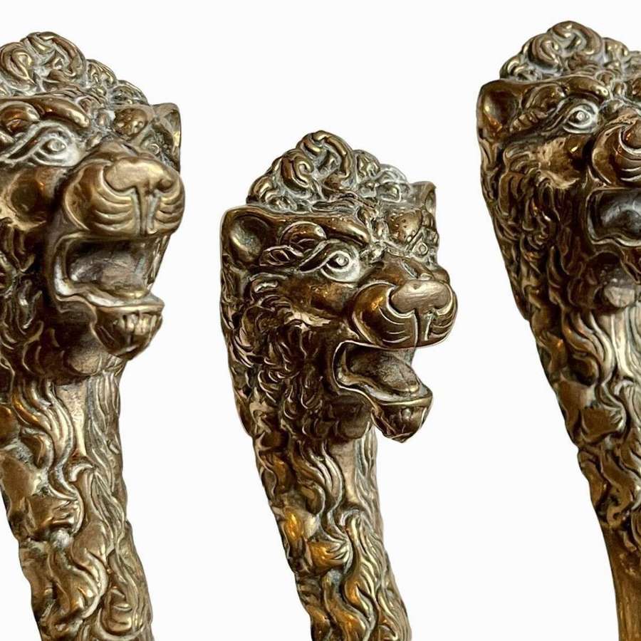 A set of rare brass lion head fire irons companion set