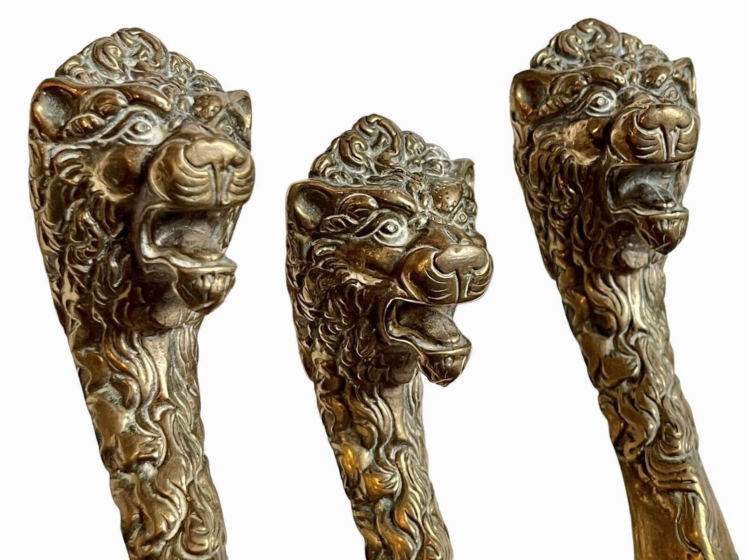 A set of rare brass lion head fire irons companion set