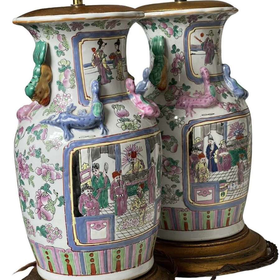 A pair of vintage chinoiserie canton lamps
