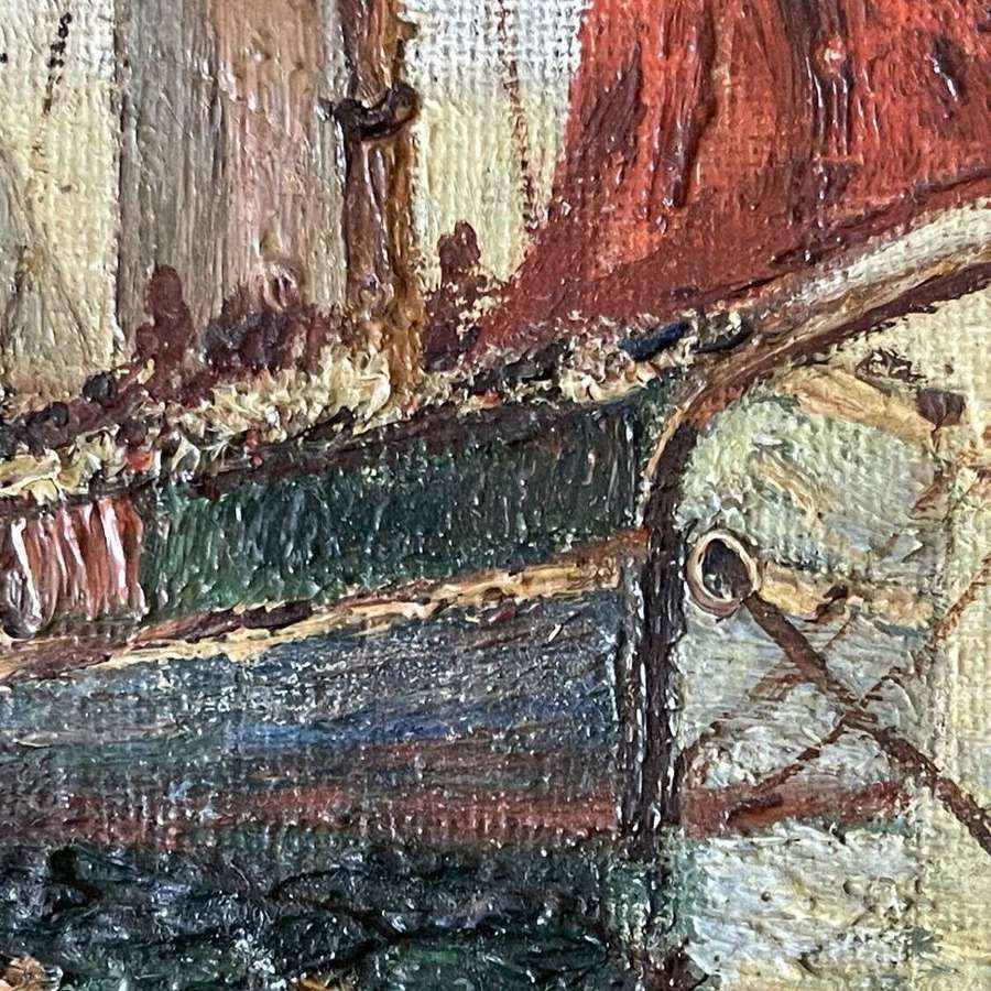 Vintage French Impressionist Oil Painting of Boats At Sail.