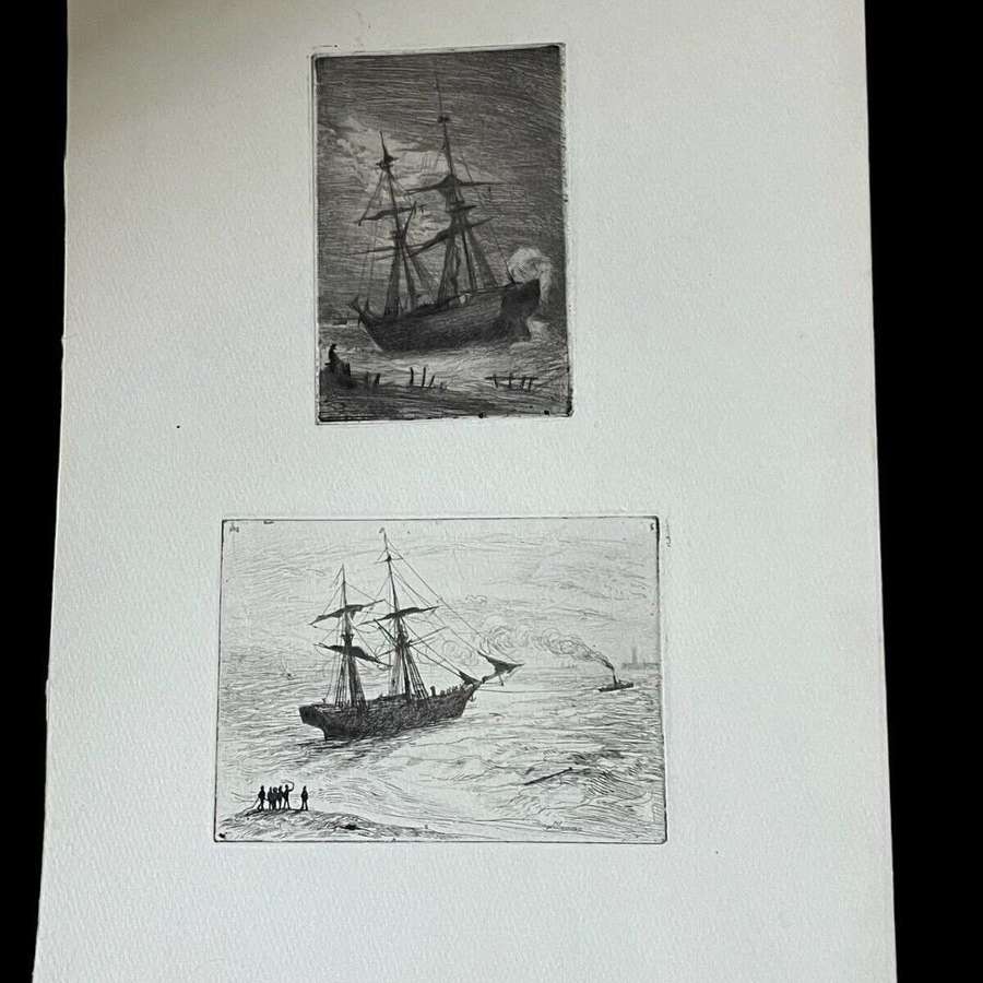 Two 1800s Original PERCY THOMAS Etchings "Rescued from the Sea/saved"