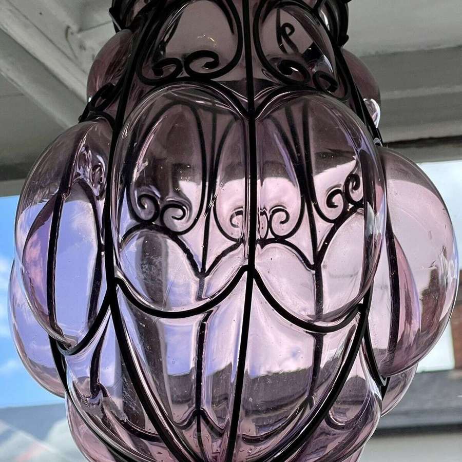 Murano Bohemian Hand Blown Glass Caged Pink Glass Lantern Light Shade.