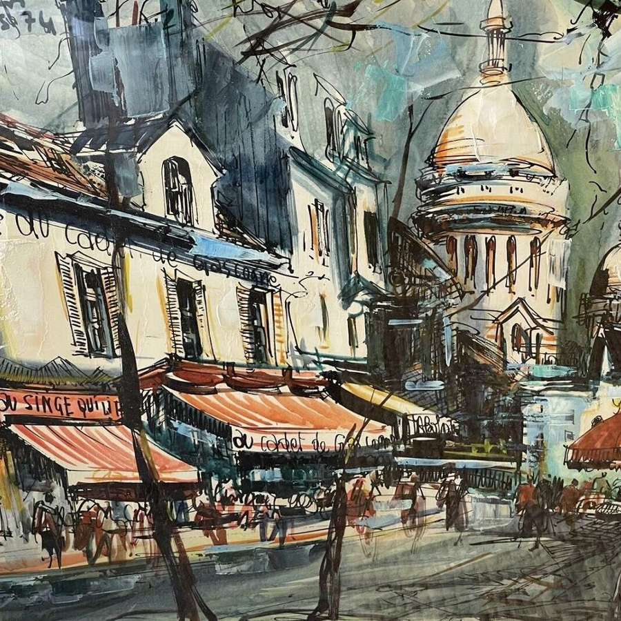 Marius Girard mixed media original painting Paris Street scene 1974