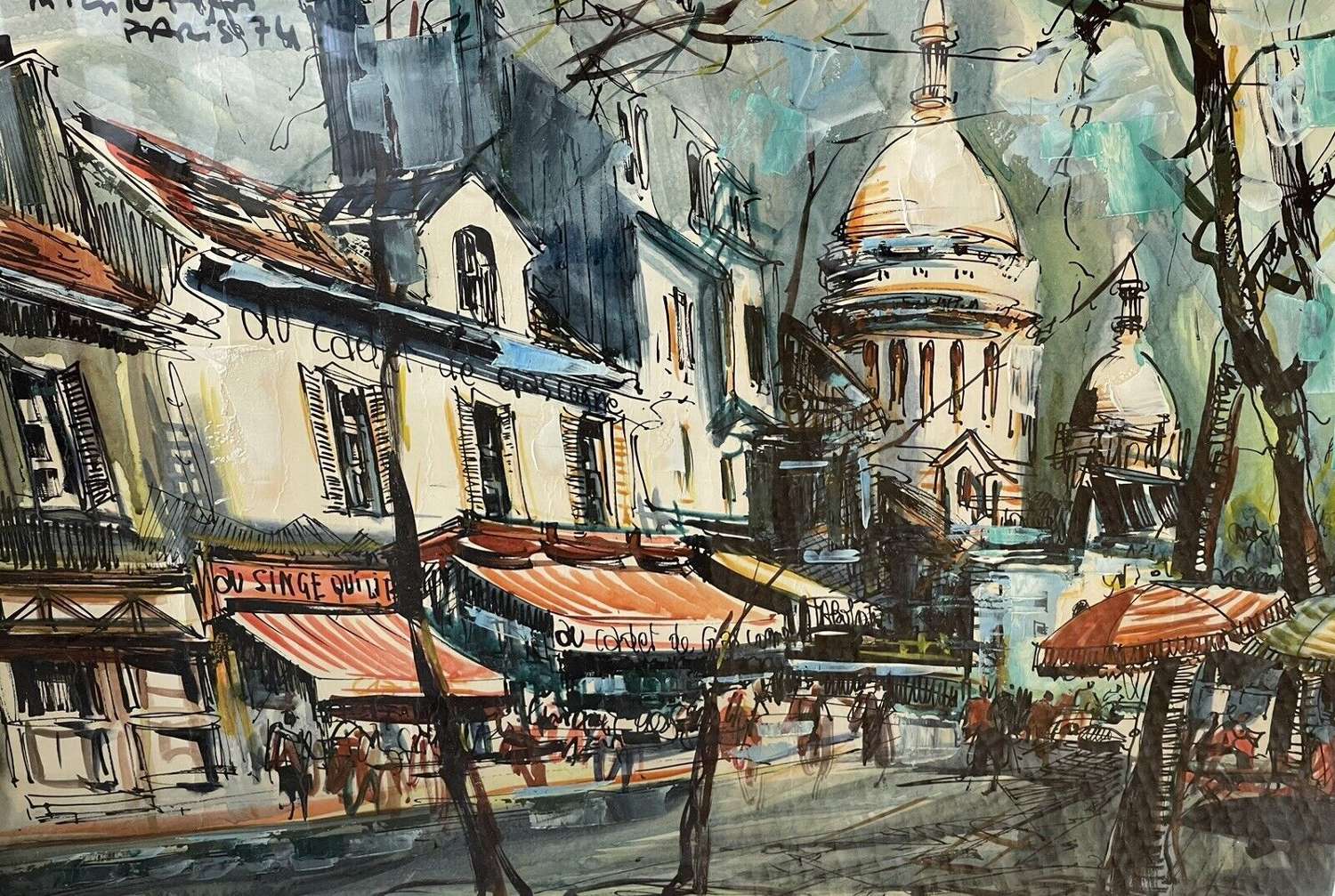 Marius Girard mixed media original painting Paris Street scene 1974