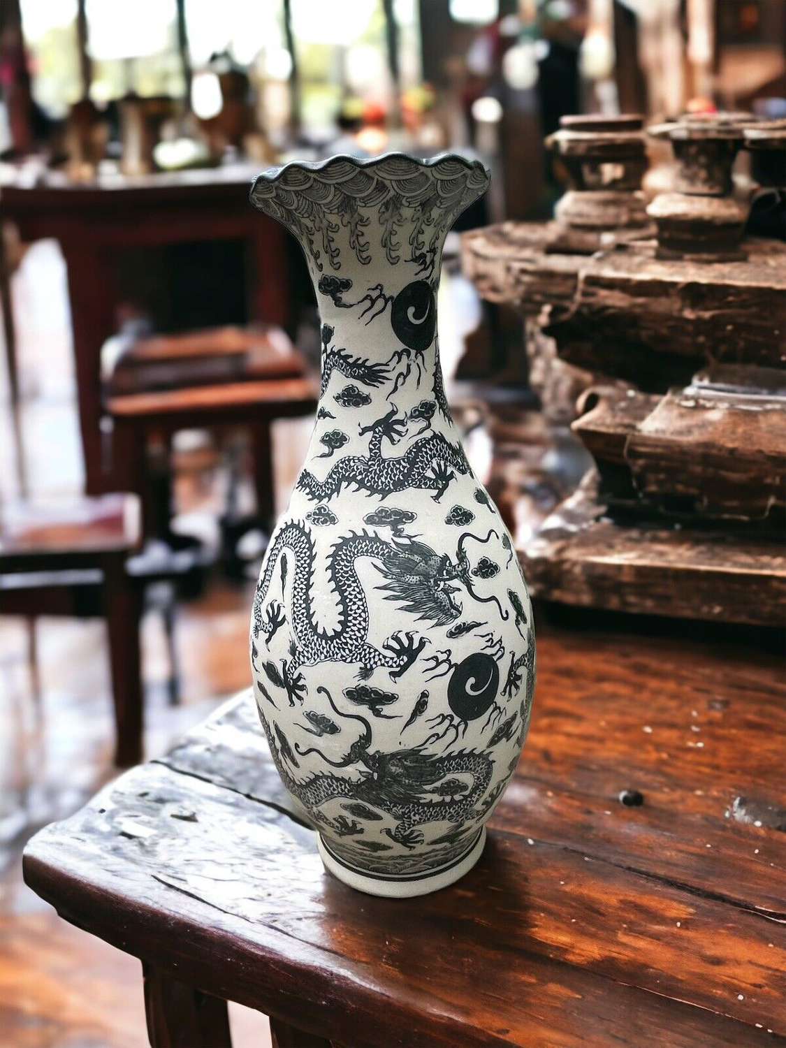 Vintage Chinese blue and white flared rim Dragon vase
