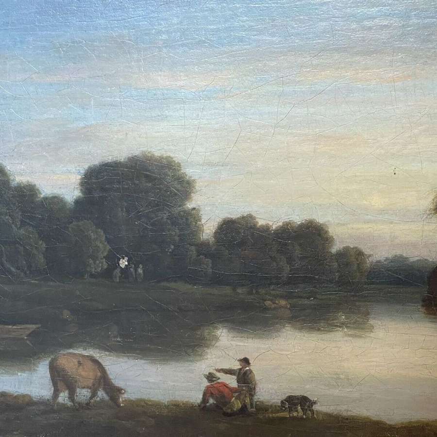 19th century Landscape Painting Figures By a Lake