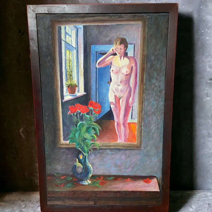 Vintage oil painting female nude portrait