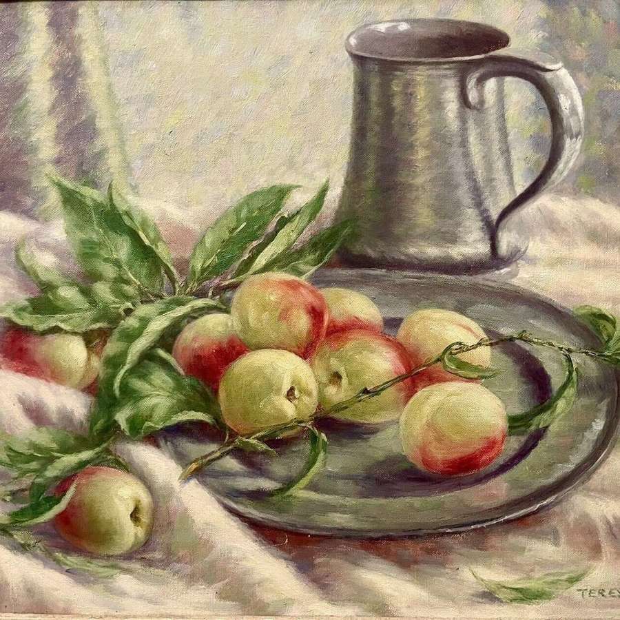 Vintage Still Life Oil Painting By A Teresa Clarke " Nectarines"
