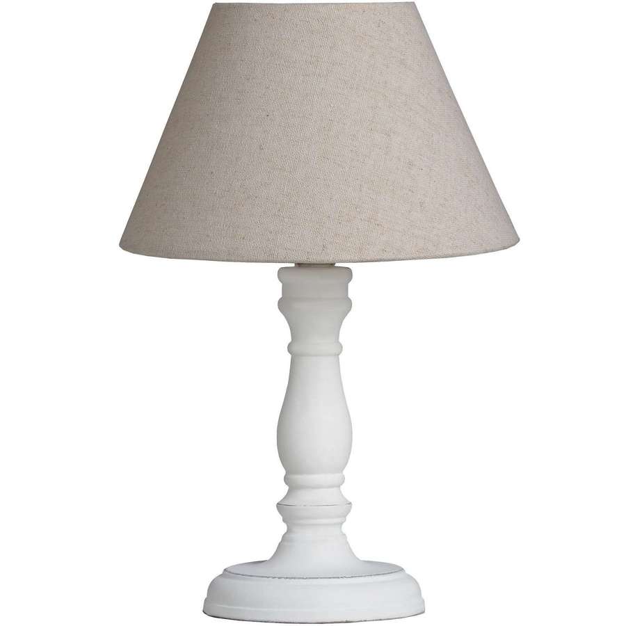 White washed small table lamp with shade