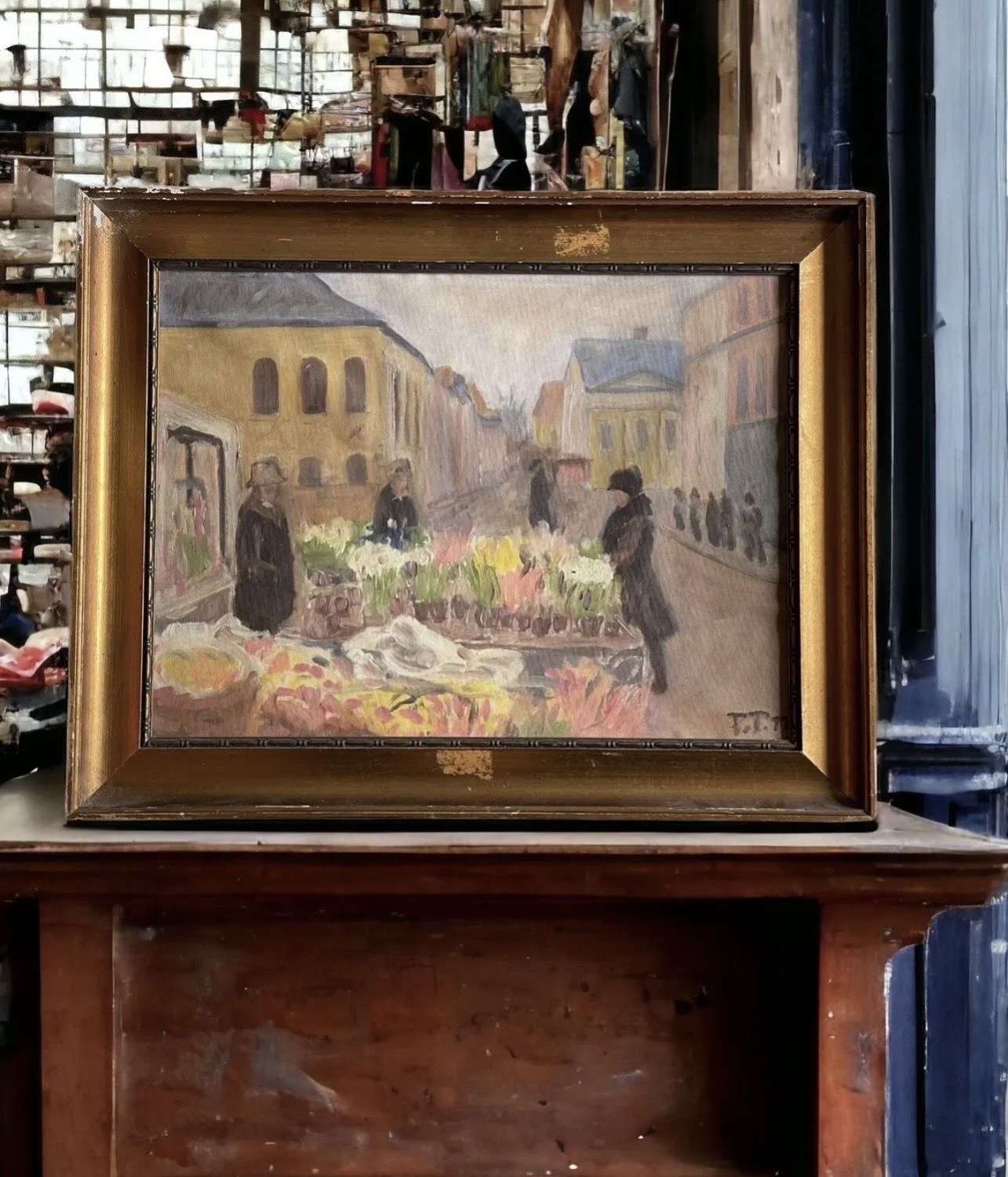 Vintage French Flower market Impressionist oil painting