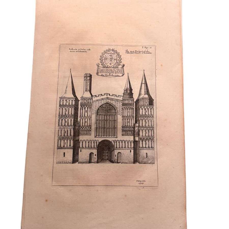 ORIGINAL ANTIQUE ENGRAVING OF ROCHESTER CATHEDRAL.