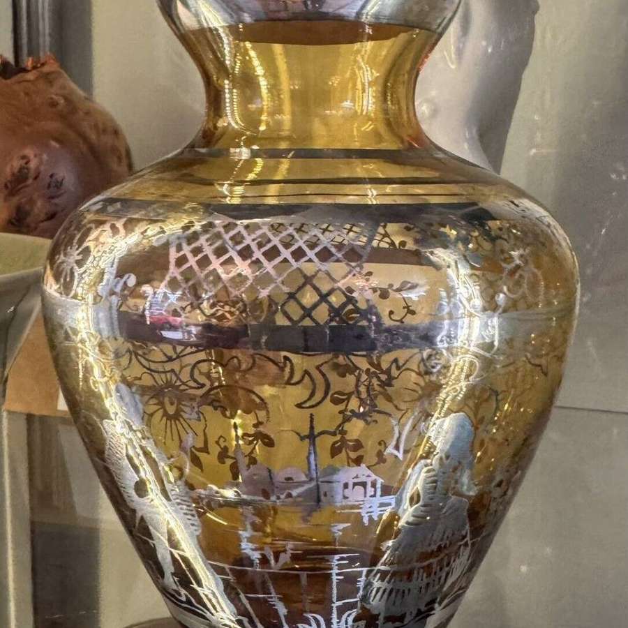 Vintage Italian Venetian Amber Glass Vase With Silver Overlay