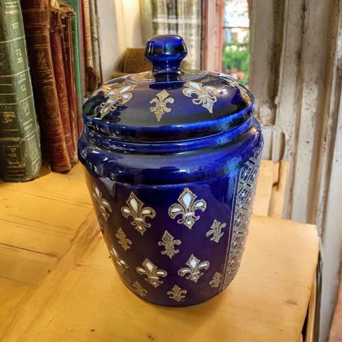 Antique enamelled blue Fleur De Lys lidded jar