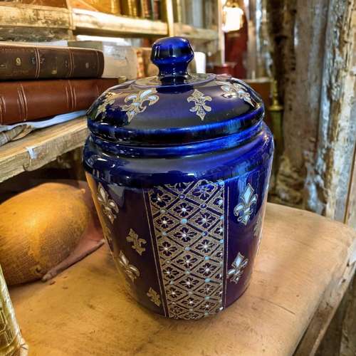 Antique enamelled blue Fleur De Lys lidded jar
