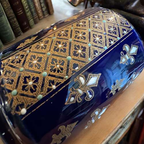 Antique enamelled blue Fleur De Lys lidded jar