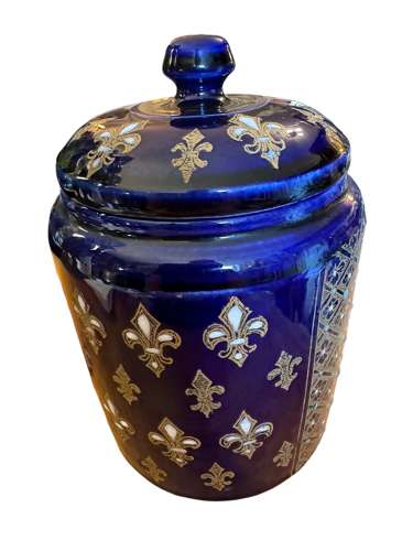Antique enamelled blue Fleur De Lys lidded jar