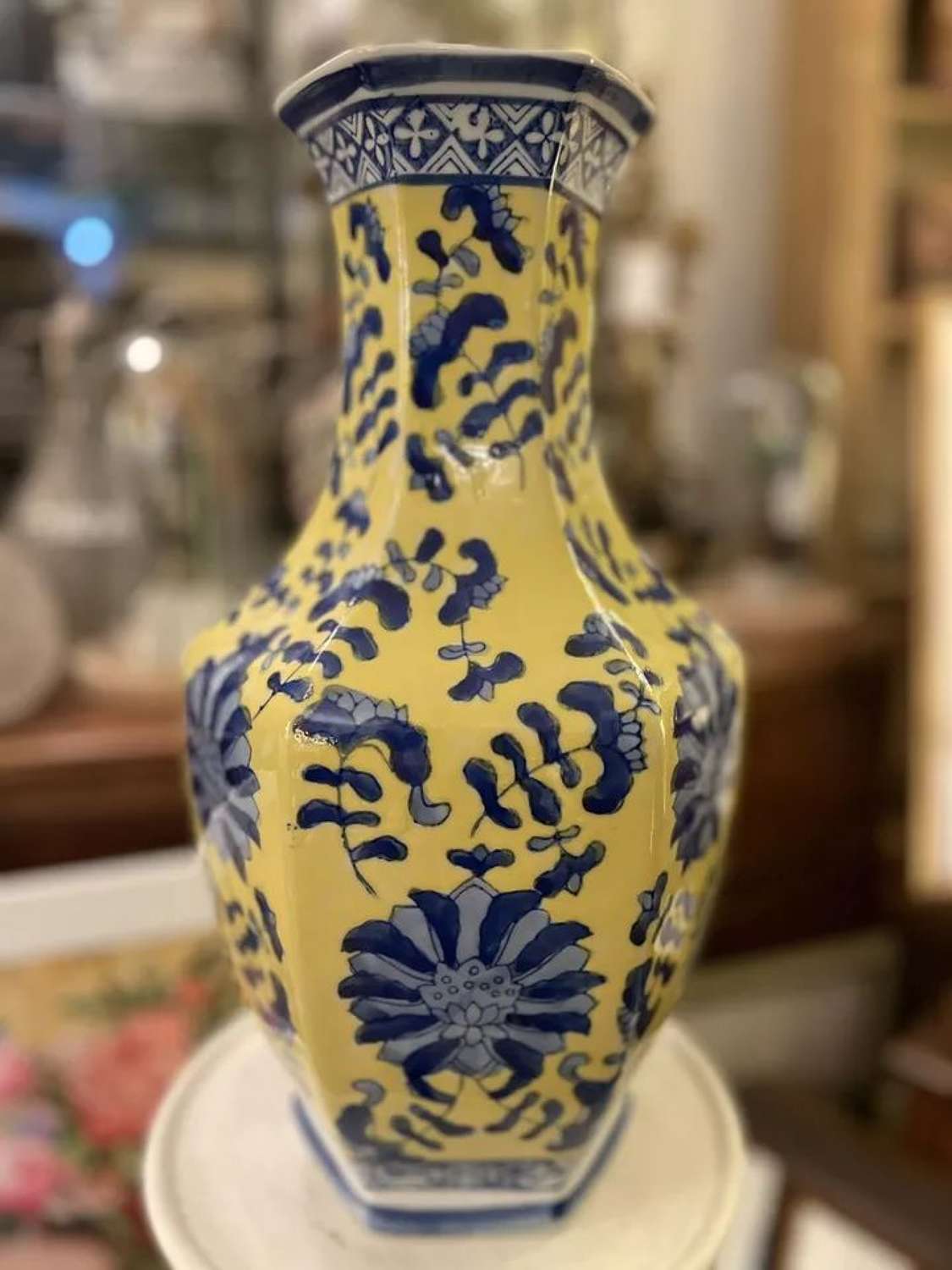Vintage Chinese export hexagonal yellow ground vase