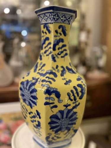 Vintage Chinese export hexagonal yellow ground vase