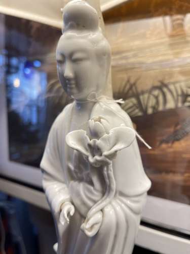 A pair of vintage Blanc De Chine Guanyin figure table lamps