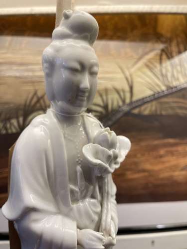 A pair of vintage Blanc De Chine Guanyin figure table lamps