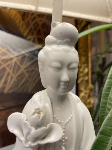 A pair of vintage Blanc De Chine Guanyin figure table lamps