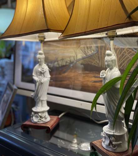 A pair of vintage Blanc De Chine Guanyin figure table lamps