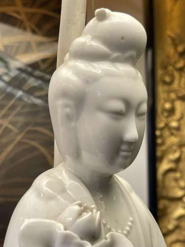 A pair of vintage Blanc De Chine Guanyin figure table lamps