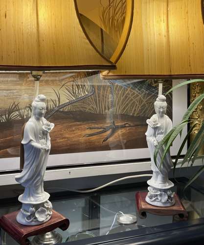 A pair of vintage Blanc De Chine Guanyin figure table lamps