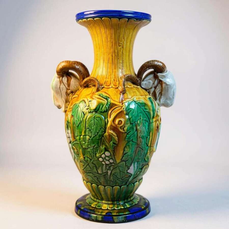 Antique Majolica Style Vase with Ram&rsquo;s Head Handles &ndash; Grape & Vine