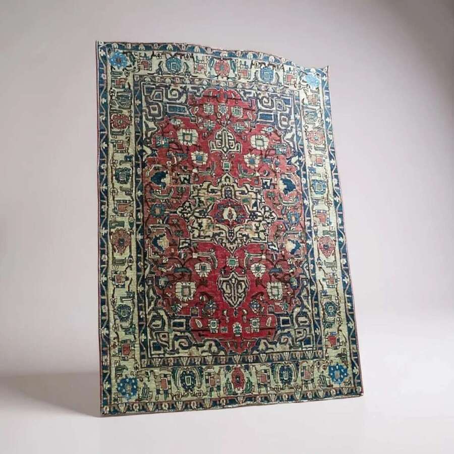 Vintage Heriz-Style Rug 147x216cm &ndash; Hand-Knotted Wool Red Blue Carpet