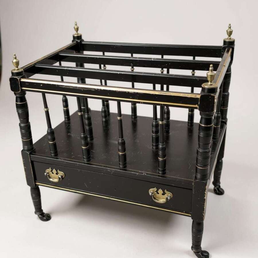 Antique Regency Style Ebonised Canterbury Magazine Rack with Drawer