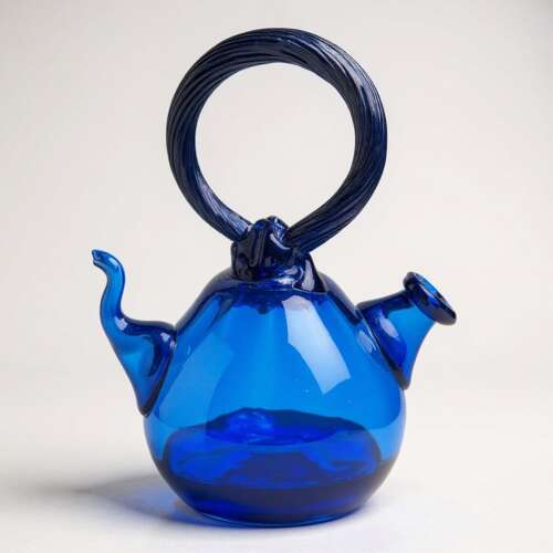 Sicart Spanish art glass teapot bottle cobalt blue hand blown 1980s