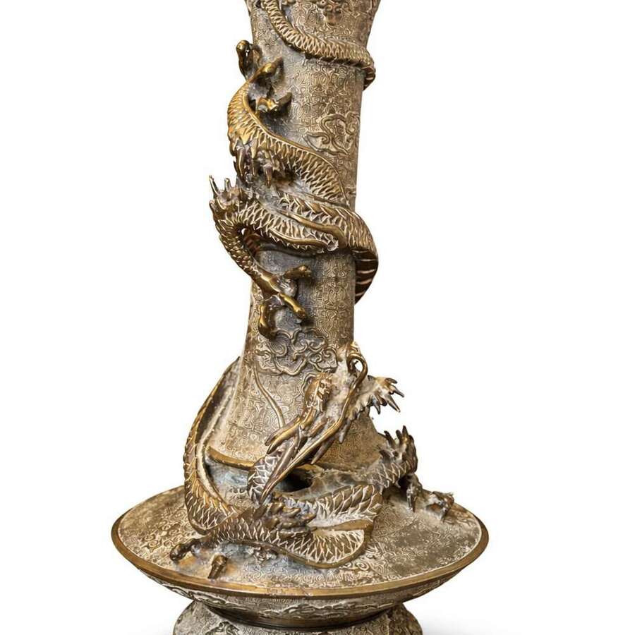 Antique Chinese Brass Altar Candlestick Dragon Temple Ritual lamp