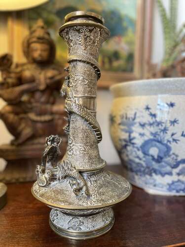 Antique Chinese Brass Altar Candlestick Dragon Temple Ritual lamp