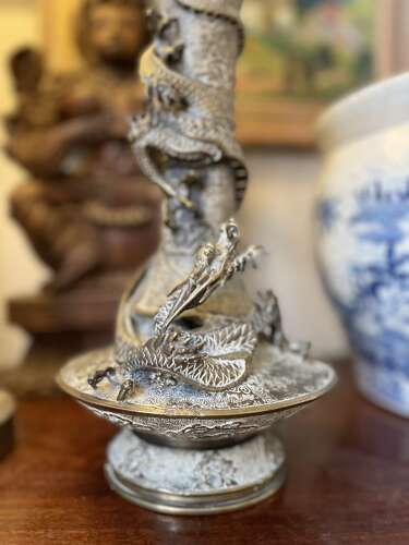 Antique Chinese Brass Altar Candlestick Dragon Temple Ritual lamp